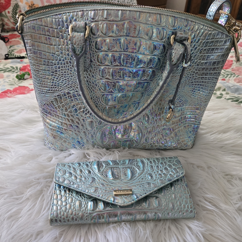 Brahmin Iridescent Blue Crocodile Embossed Shoulder Bag and Wallet